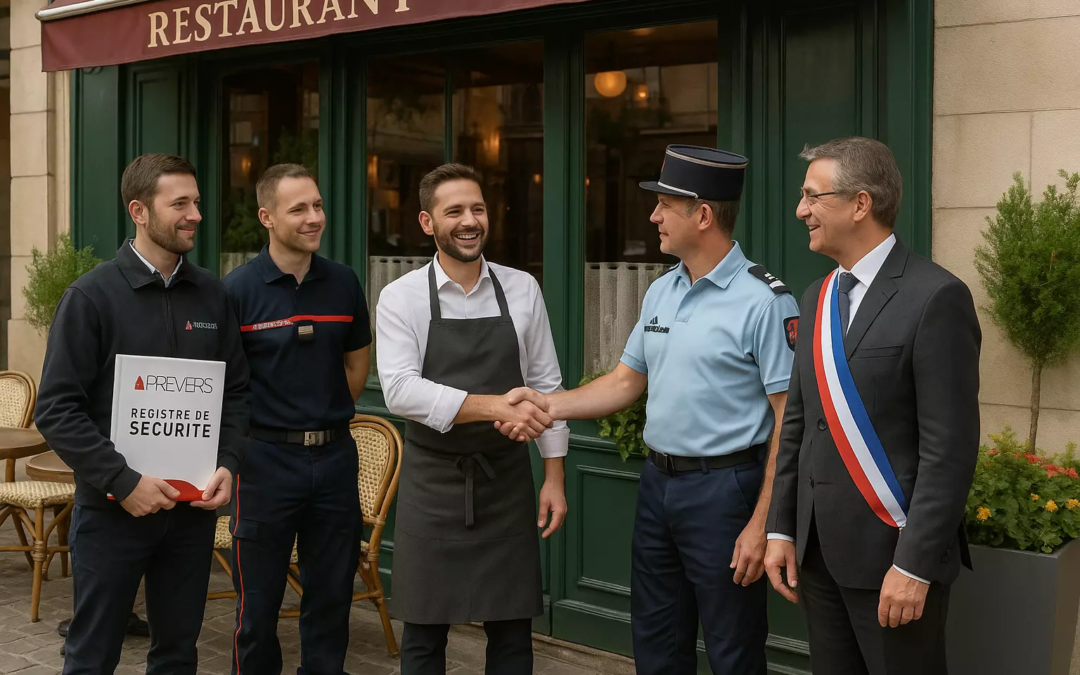 Un restaurateur souriant serre la main d’un gendarme devant son établissement, en présence d’un sapeur-pompier, d’un maire en écharpe tricolore et d’un préventionniste de Prévéris tenant un registre de sécurité.