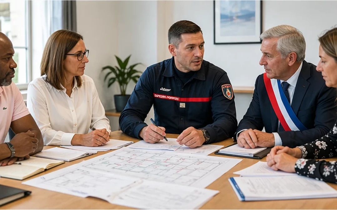 Commission de sécurité dans une mairie : maire avec écharpe tricolore, sapeur-pompier et adjoints autour de plans de bâtiment